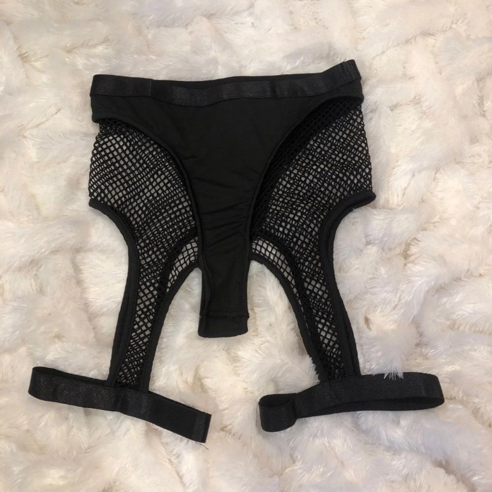 Black Women's Fishnet Bikini Bottom with Strappy Details
